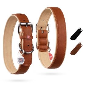 Soft Leather Dog Collar Adjustable Padded Dog Collar for Small Medium and Large Dogs with Durable Buckle and QR Dog Tag Brown Color 15-20 inch Neck x